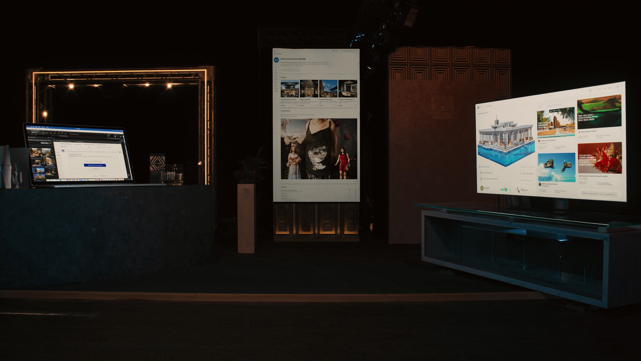Real estate marketing command center with property photography, campaign previews, and analytics dashboards