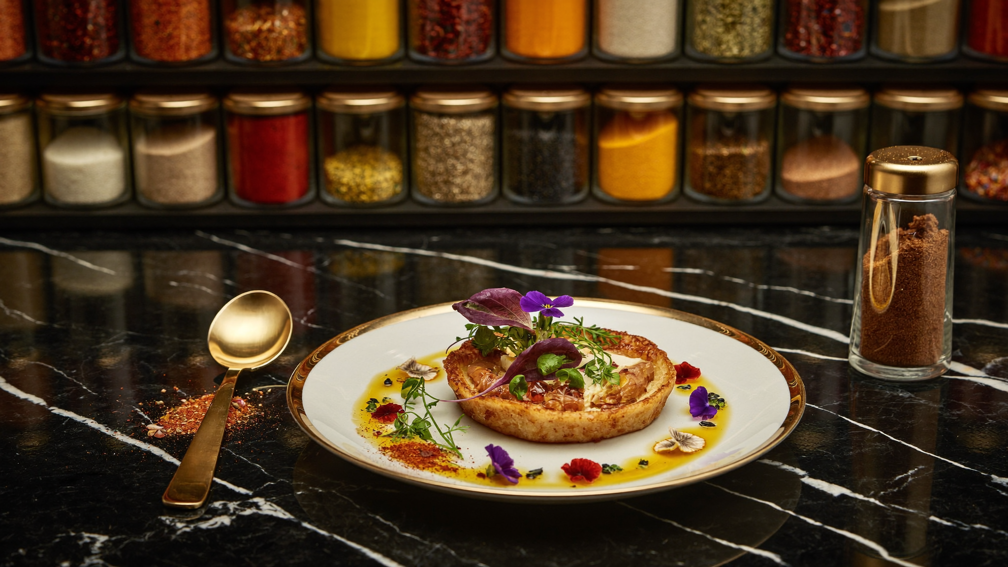 Signature jewel-toned dish before the glowing spice library wall