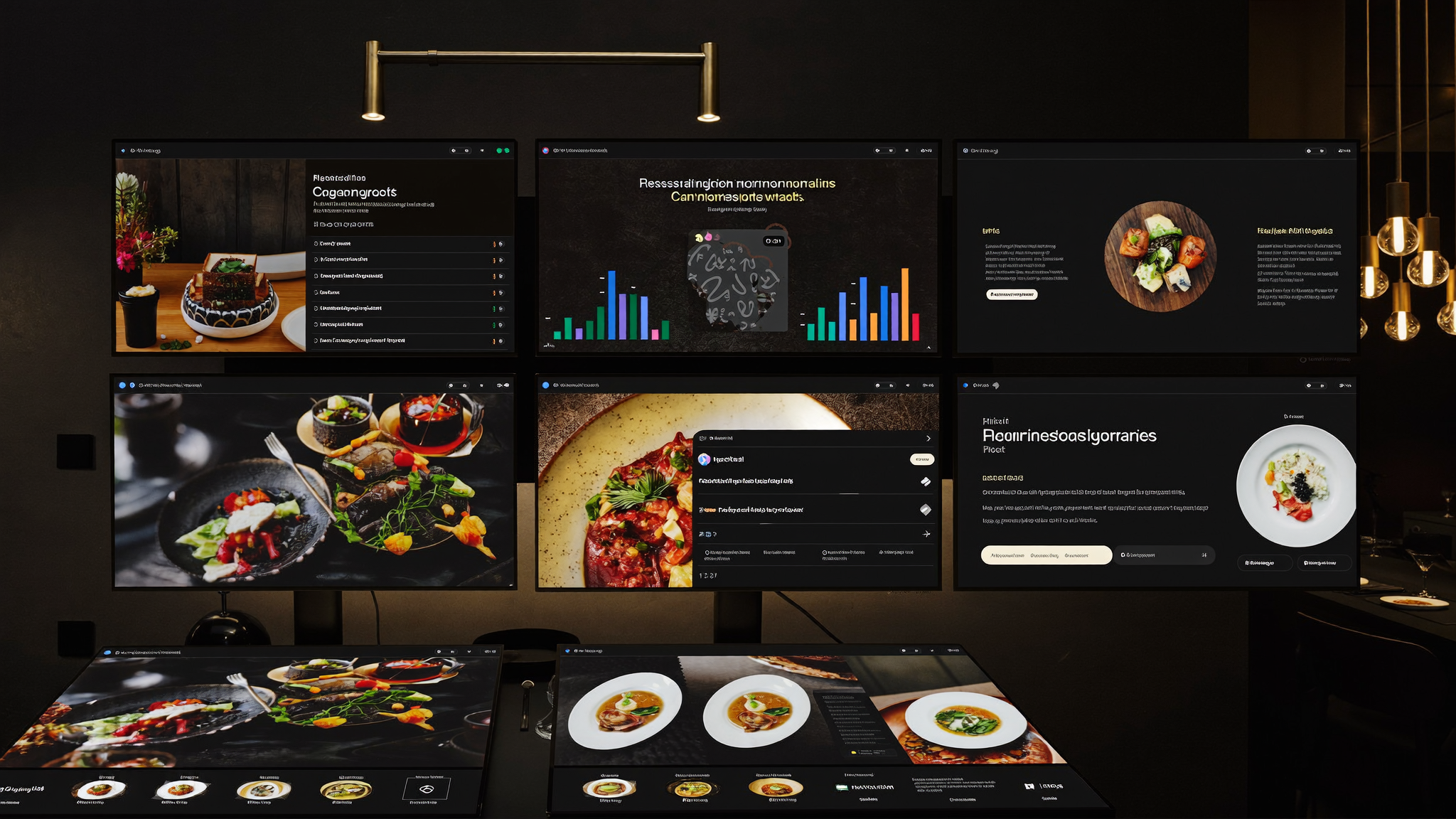 Restaurant marketing command center with reservation analytics and dish campaign previews on elegant screens