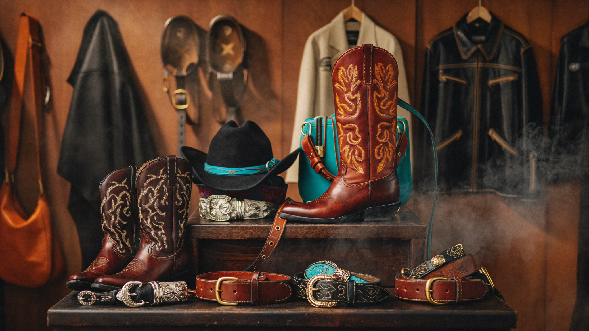 Full western collection under warm golden light — boots, hats, belts and horsewear