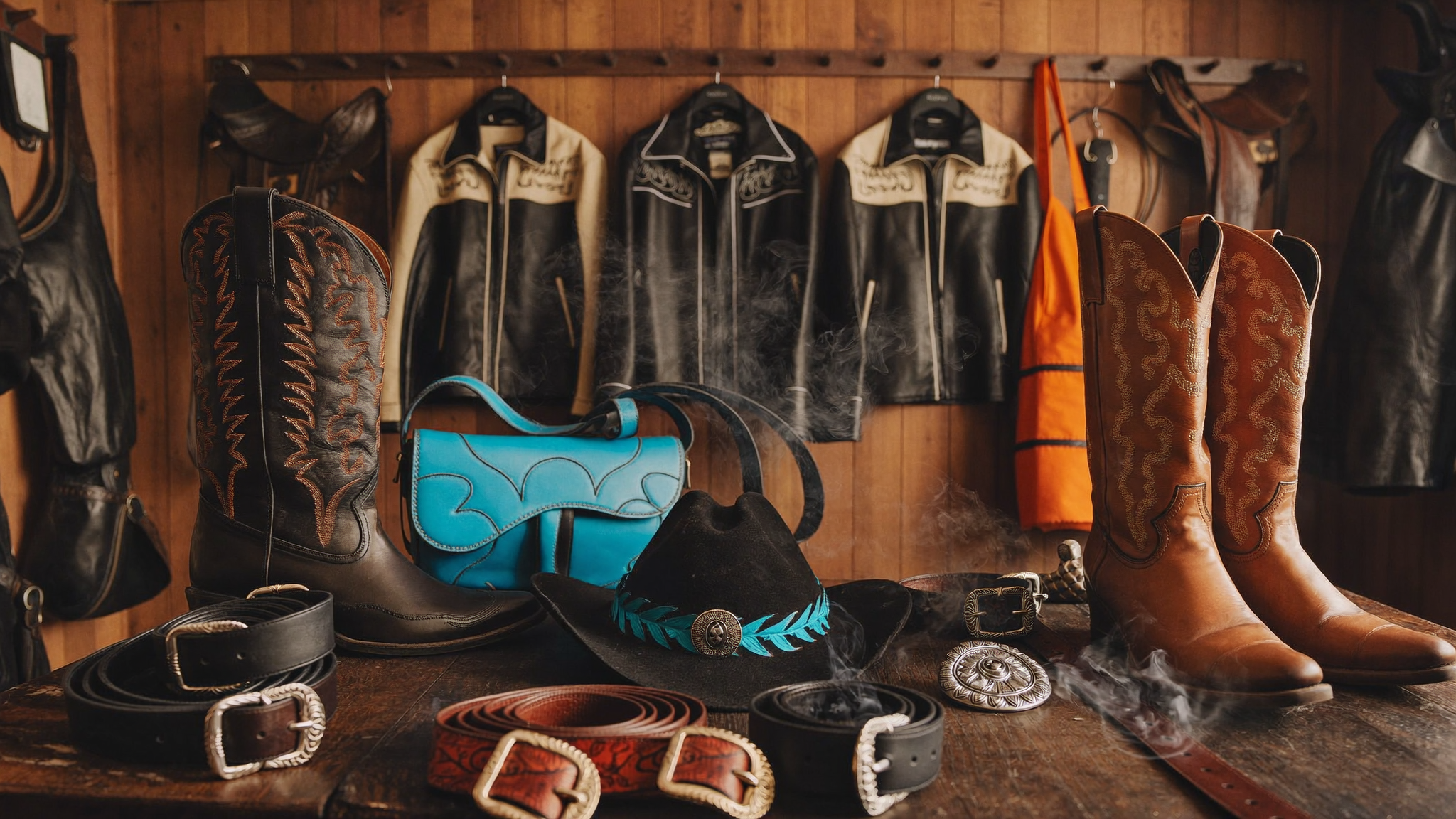 Boots, tooled belt and felt hat arranged as a signature western look
