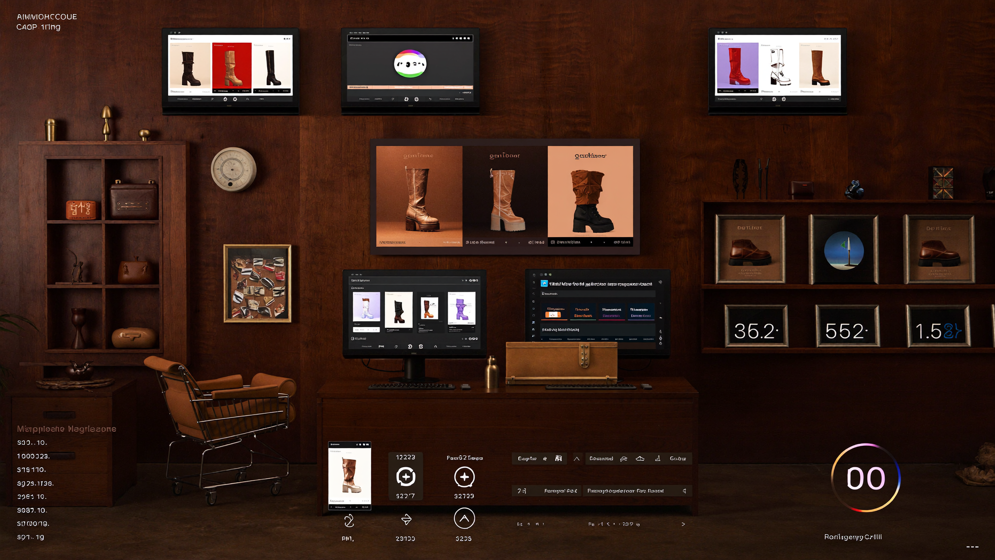 Western retail marketing command center with product cards, size filters, cart flow and analytics on elegant screens