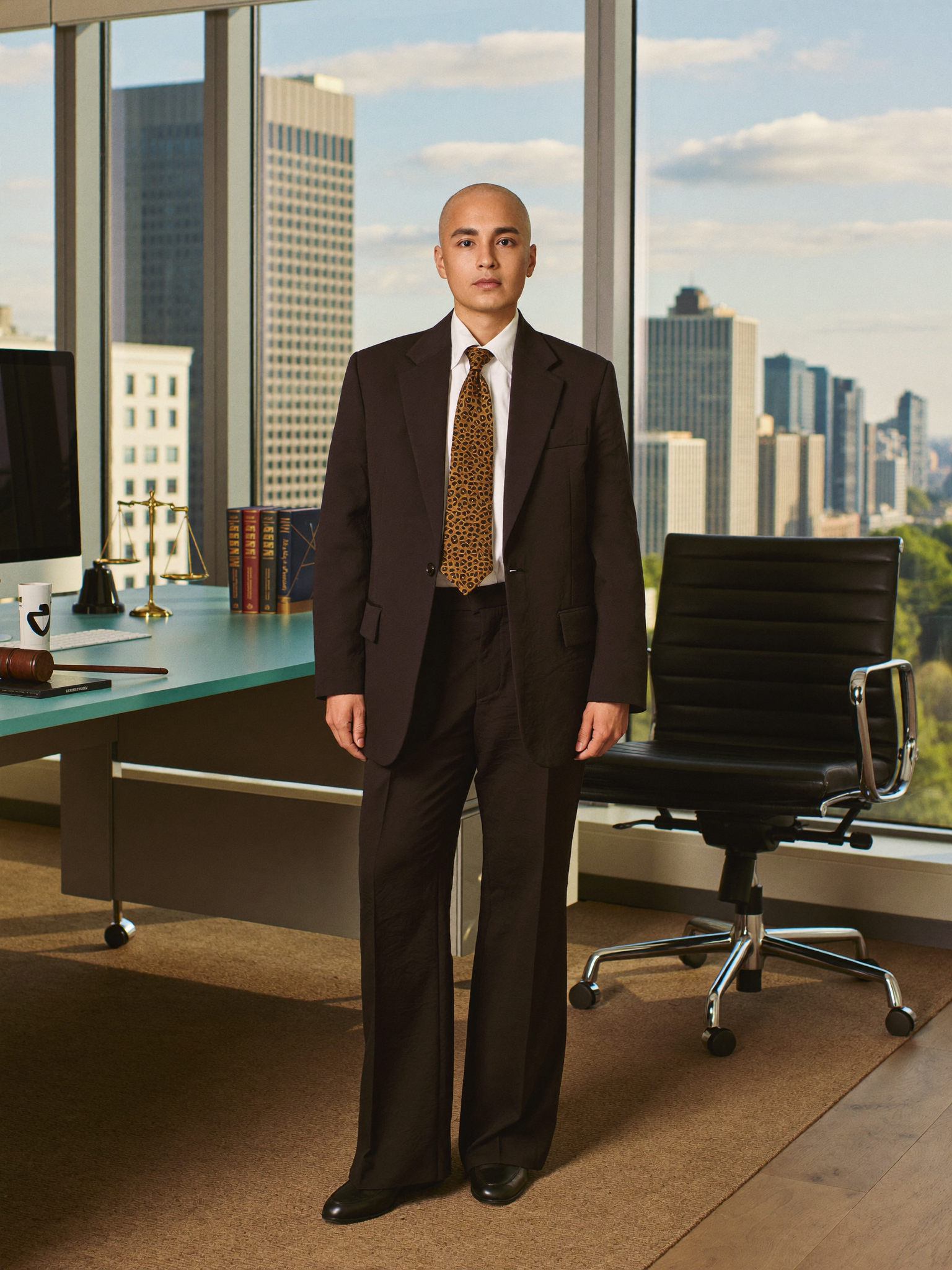 Attorney in a bright modern law office with legal books and city skyline in the background
