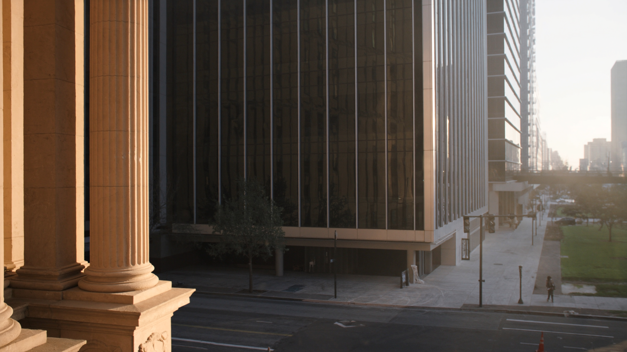 Courthouse exterior in warm sunrise light