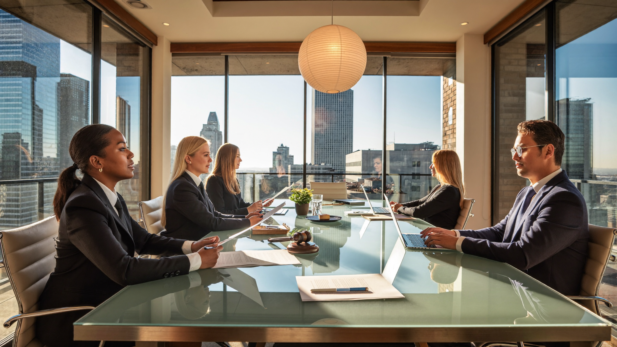 Attorneys collaborating in a modern glass conference room with a city skyline behind them