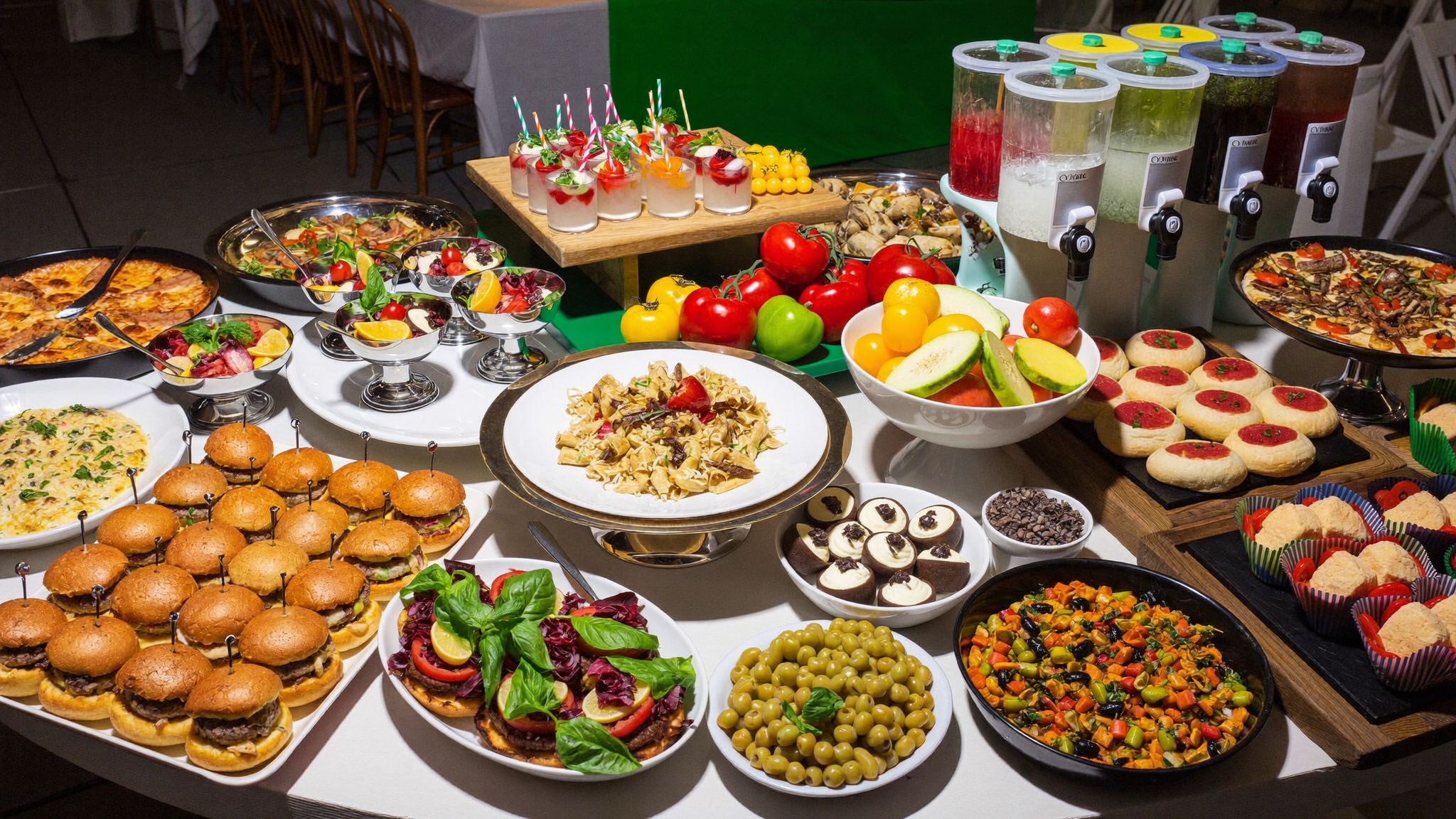 Large catering buffet spread with sliders, pizzas, pasta trays, salads, desserts and drinks
