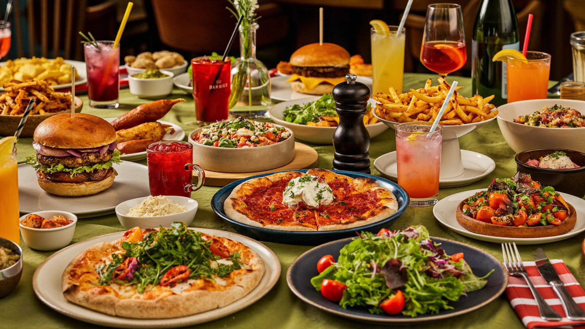 Restaurant table filled with burgers, pizza, pasta, fries, salads, drinks and desserts