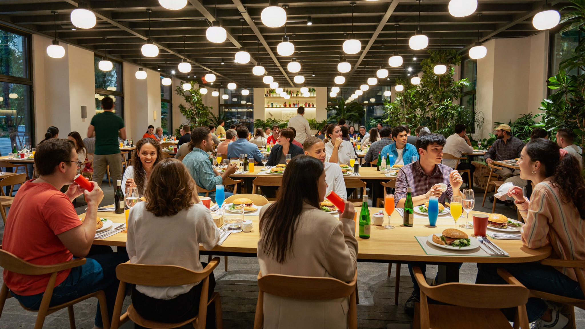 Bright modern restaurant interior with families and friends dining together