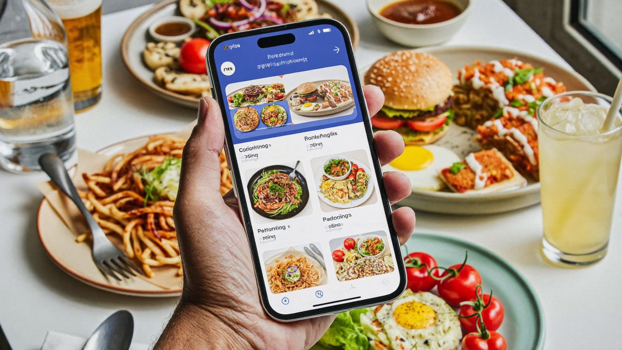 Smartphone showing a food ordering app beside colorful restaurant dishes